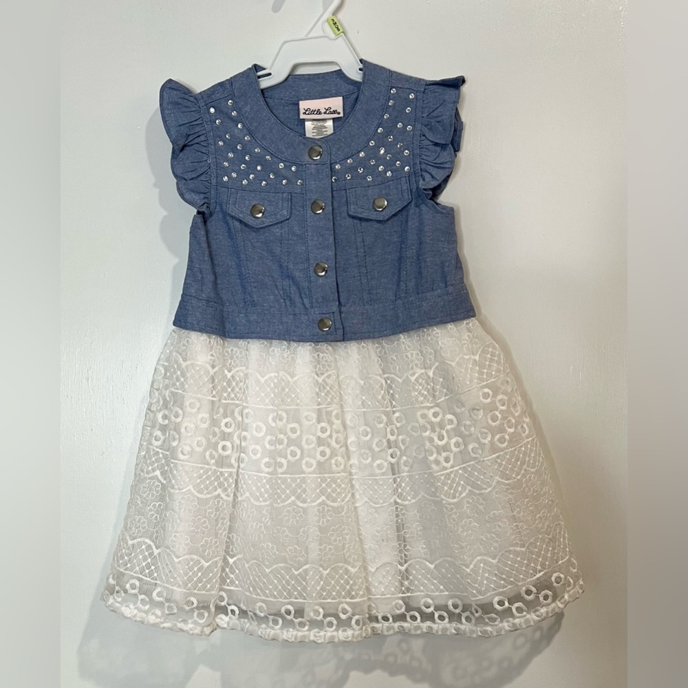 Little Lass Girls 2T Denim and White Dress with Lace and Rhinestones